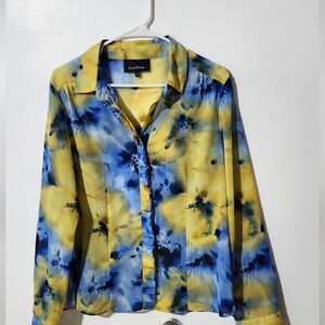 Evan Picone Womens button down Blue Yellow Floral Blouse